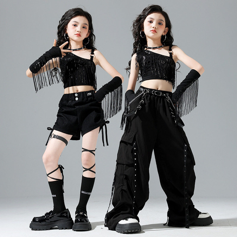 女童jazz爵士舞演出服女团露脐潮装街舞现代模特走秀练功流苏
