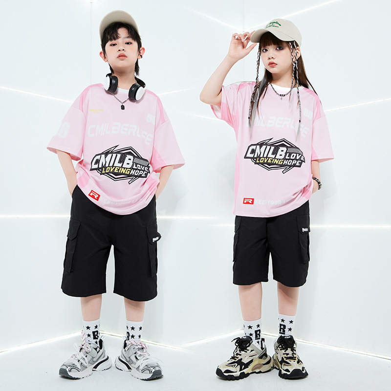 街舞儿童潮服定制粉色潮牌T恤男童套装hiphop童装演出服女孩走秀