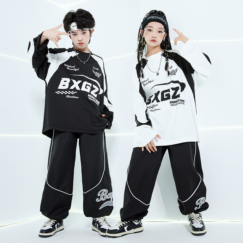 街舞儿童潮服演出服男童套装hiphop童装少儿定制潮牌黑白卫衣爵士