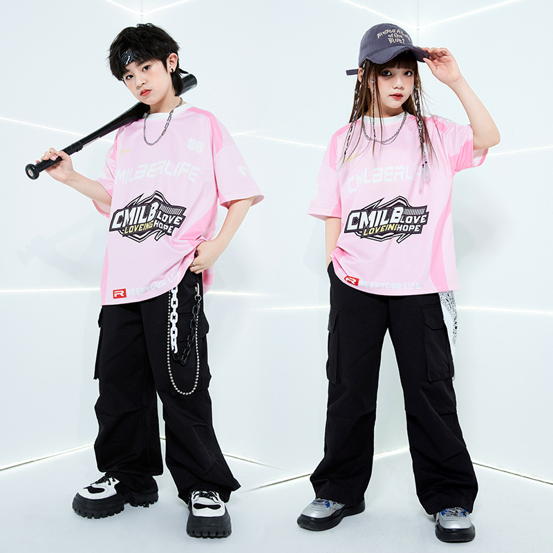儿童街舞套装hiphop潮服粉色字母T恤演出服男童定制爵士女走秀春