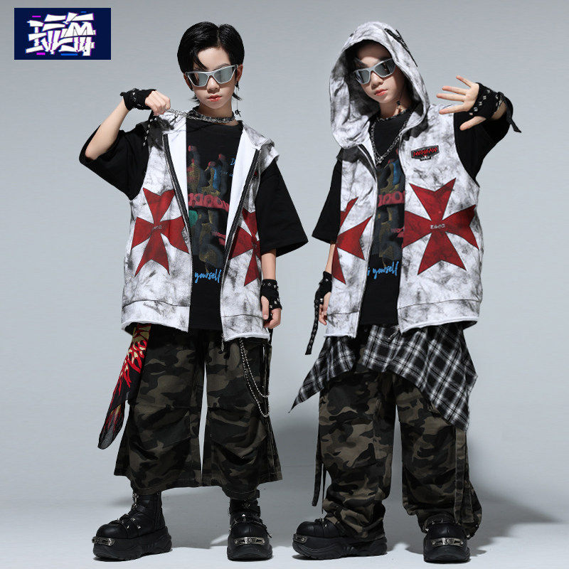 街舞儿童演出服潮酷少儿hiphop炸街男童架子鼓表演连帽套装夏时髦