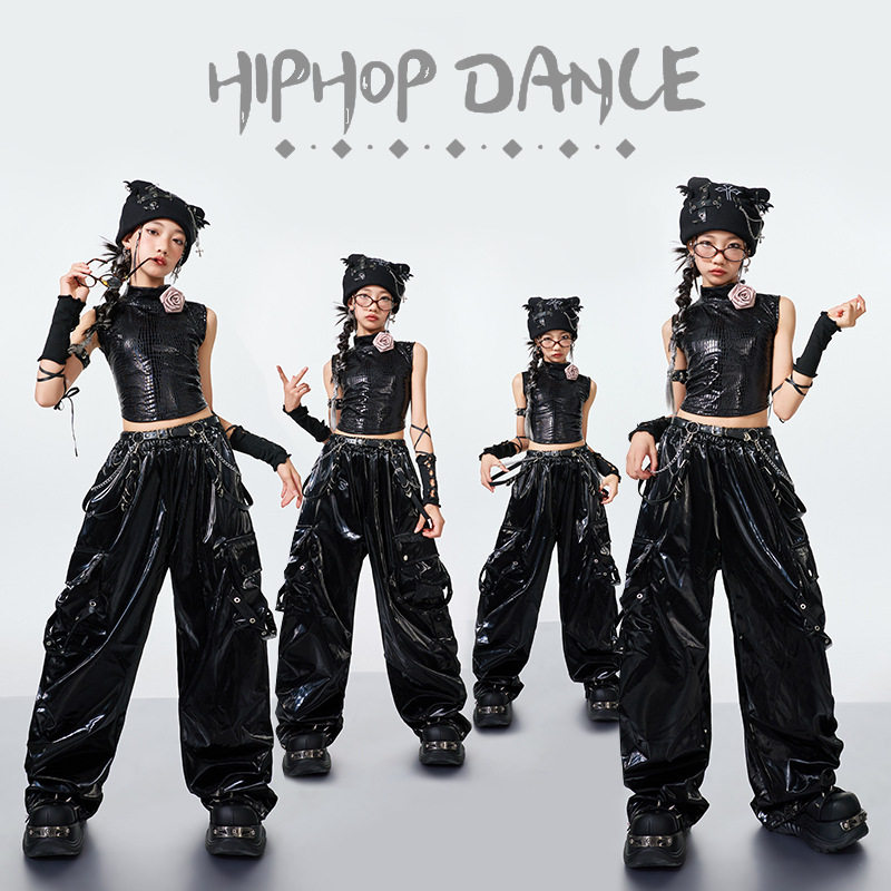 儿童爵士舞服装女童露脐JAZZ黑色皮衣套装街舞演出服潮酷模特