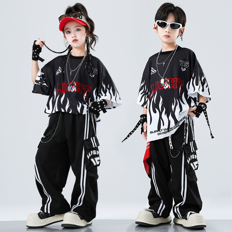 街舞儿童潮服嘻哈短袖跳舞裤子屁帘套装女孩少儿hiphop演出服