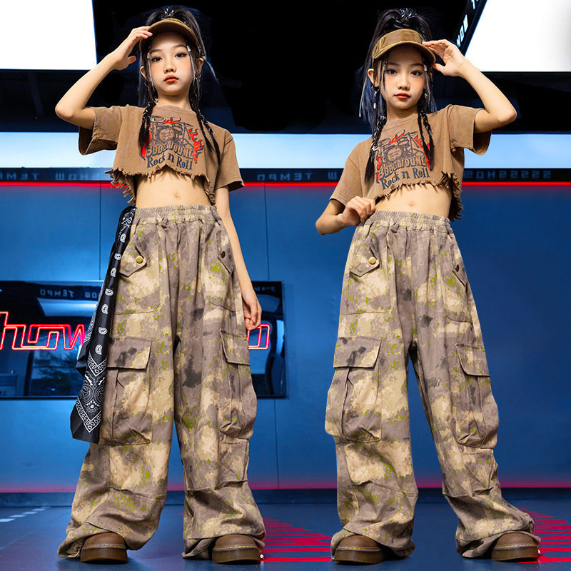 女童爵士舞服装儿童街舞废土风辣妹工装裤女孩hiphop定制迷彩裤潮