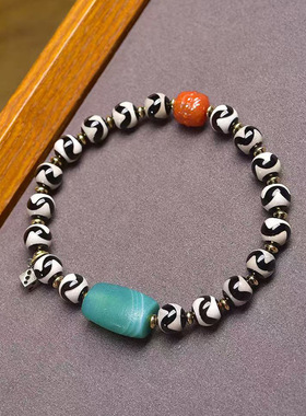 天然虎牙天珠手串单圈玛瑙醒狮五条经文卡子并蒂莲缠丝玛瑙手链