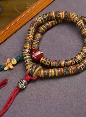 藏传回流牦牛骨108颗佛珠念珠多宝镶嵌桶珠藏式文玩凤尾琉璃配饰