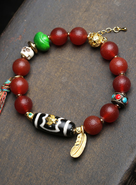 天然老皮红玛瑙手串单圈藏式文玩流苏玛瑙天珠回流骨配饰手链