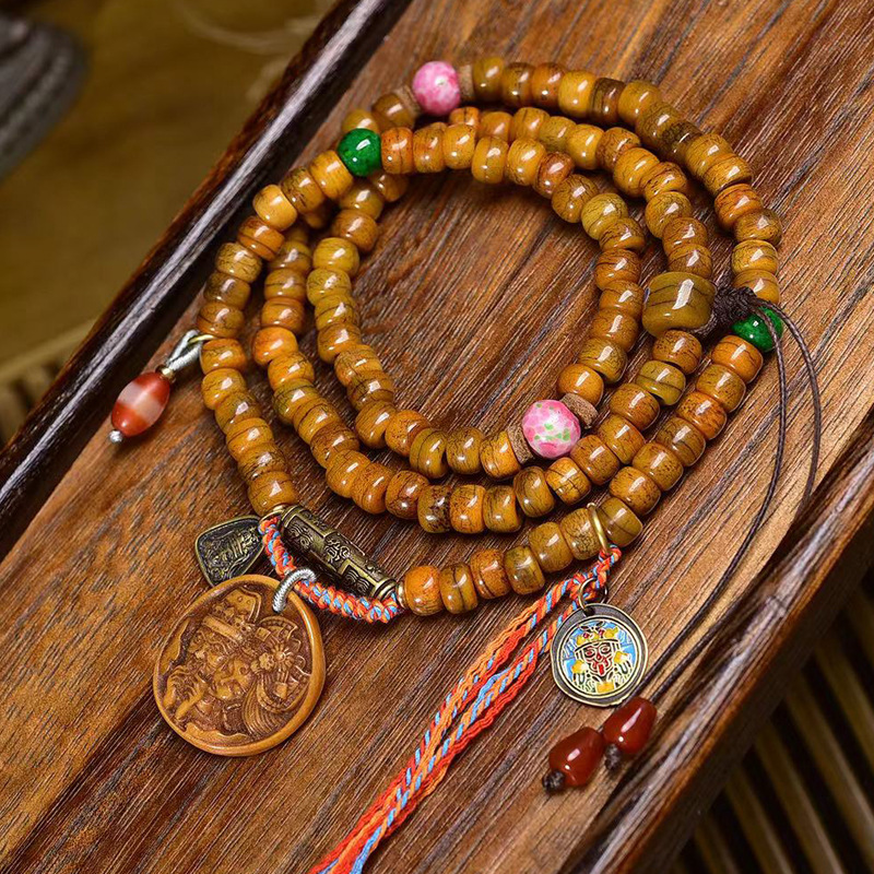 藏传回流牦牛骨桶珠108颗佛珠念珠藏式文玩扎基拉姆卡子琉璃配饰