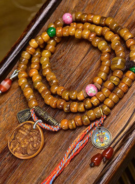 藏传回流牦牛骨桶珠108颗佛珠念珠藏式文玩扎基拉姆卡子琉璃配饰