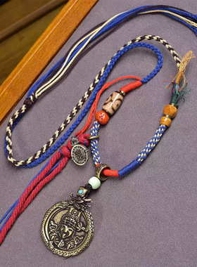 藏传老天铁扎基拉姆佛牌吊坠玛瑙天珠回流骨配饰纯手工编织绳项链