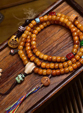 藏传回流牦牛骨桶珠108颗佛珠念珠藏式文玩多圈手串驼骨三通配饰