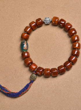 藏传回流牦牛骨桶珠文玩手串单圈玛瑙天珠藏银流苏料器配饰手链