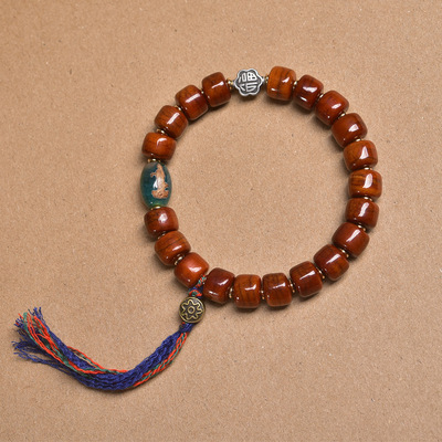 藏传回流牦牛骨桶珠文玩手串单圈玛瑙天珠藏银流苏料器配饰手链