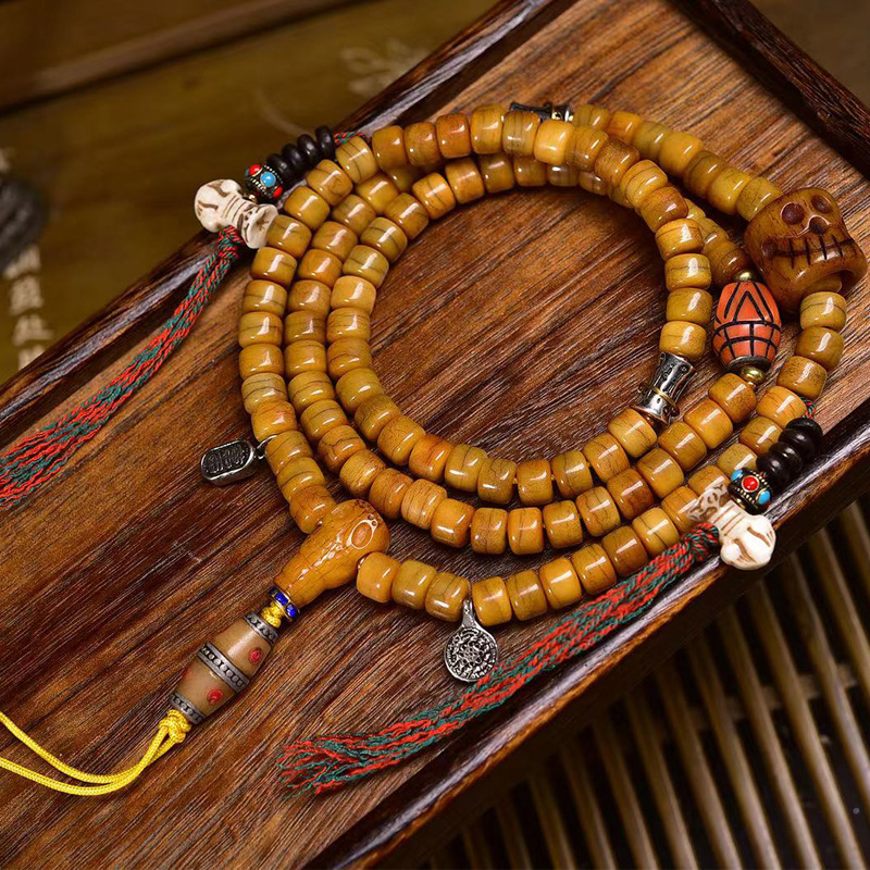 藏传牦牛骨108颗佛珠念珠文玩多圈手串桶珠藏式复古回流骨配饰