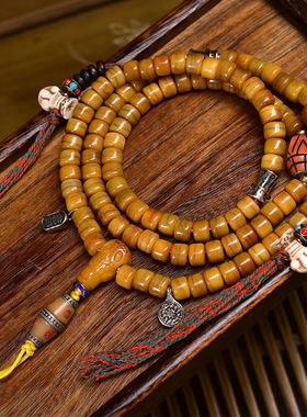 藏传牦牛骨108颗佛珠念珠文玩多圈手串桶珠藏式复古回流骨配饰