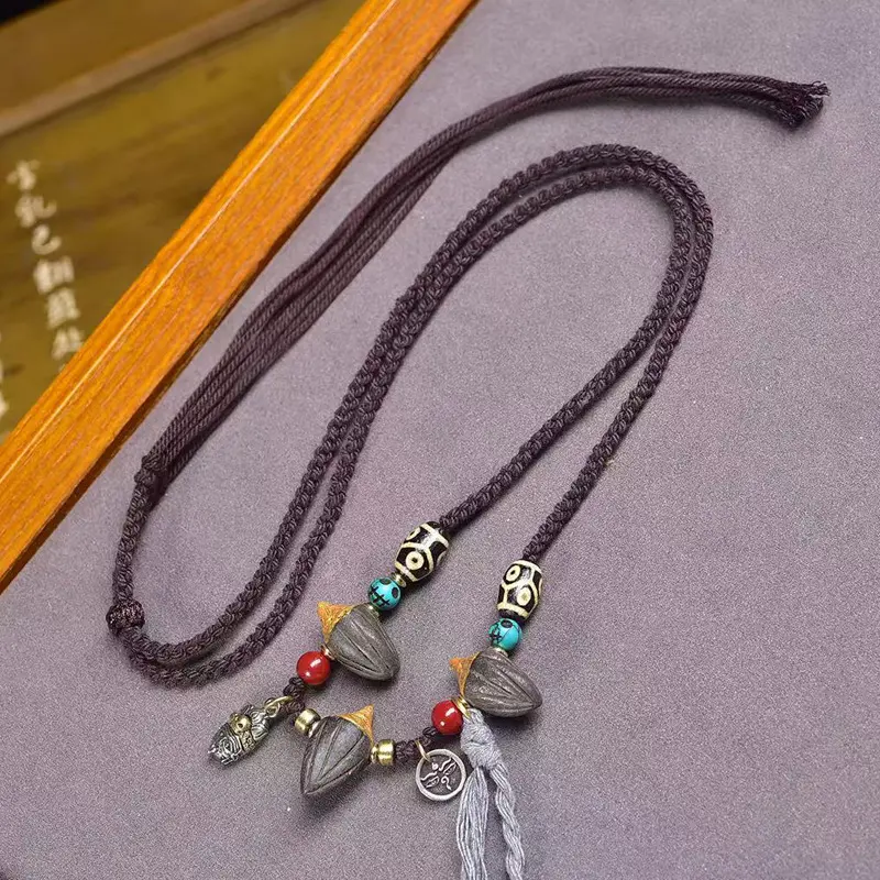 纯手工编织绳项链可调节藏式文玩娘拉擦擦吊坠玛瑙天珠料器配饰