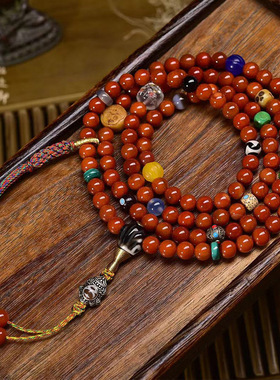 天然红珠子西周玛瑙项链藏式文玩佛珠回流骨阿呆玛瑙财神背云配饰