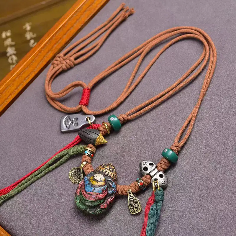 藏式文玩娘拉擦擦独甲一方七彩蝎子吊坠铜印章挂坠手工编织绳项链