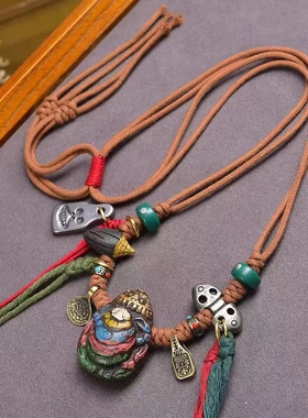 藏式文玩娘拉擦擦独甲一方七彩蝎子吊坠铜印章挂坠手工编织绳项链