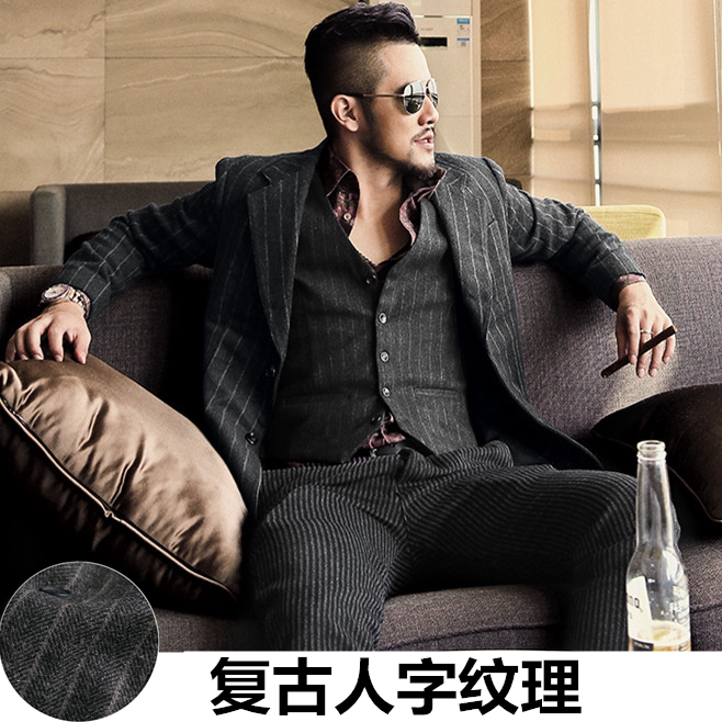 冬季新款条纹人字纹西装羊毛大衣欧美复古外套修身西服型男商务