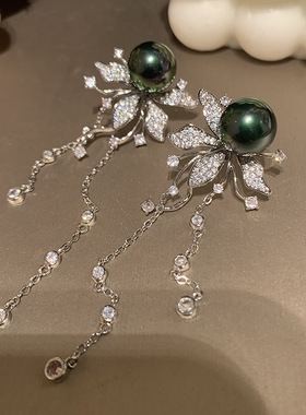 绿色珍珠耳环S925银针长款金色树叶晚宴礼服淑女弯曲流苏波浪耳饰