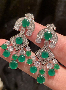 绿色水滴耳环S925银针微镶锆石铜长款流苏气质晚宴礼服新娘耳饰女