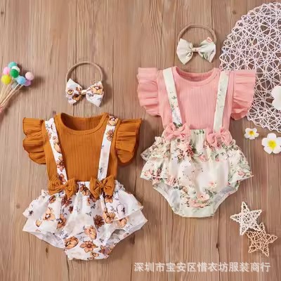 公主风宝宝哈衣新生儿三角爬服套头上衣包屁衣服裙子童装夏两件套