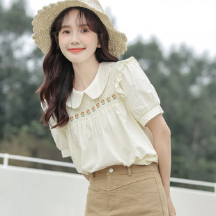 女 2025夏季 新款 日系刺绣甜美娃娃领拼接木耳边短袖 套头衬衣衬衫