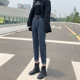 高腰顯瘦九分蘿卜哈倫褲 直筒寬松老爹牛仔褲 女學(xué)生夏新款 韓版 子潮