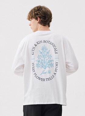 KITH 潮牌发泡植绒花卉印花圆领纯棉宽松落肩情侣男女同款长袖T恤
