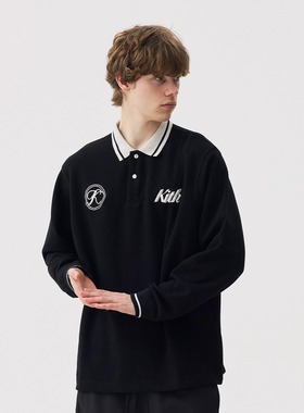 KITH 学院风撞色翻领长袖卫衣男女宽松简约POLO衫潮牌情侣装上衣