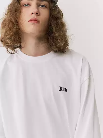 Kith Classic Embroidered Logo Long-Sleeve Autumn and Winter Loose Crew Neck Unisex Couple Trendy Simple Drop-Shoulder Long T-Shirt