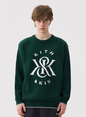 Kith 美式冬季新款字母提花缝制基础圆领套头毛衣宽松针织衫男女