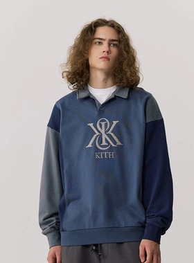 KITH Nelson 拼接撞色毛圈翻领卫衣男士秋冬新款美式复古刺绣长袖