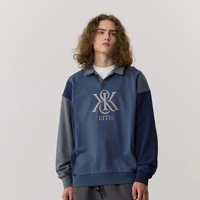 KITH Nelson 拼接撞色毛圈翻领卫衣男士秋冬新款美式复古刺绣长袖