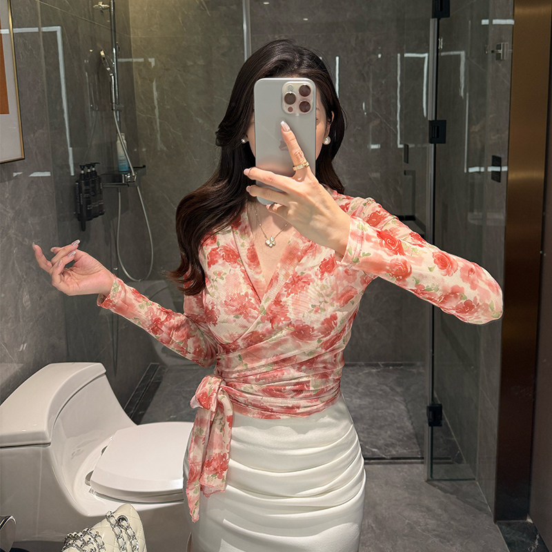 【甜橘玫瑰】玫瑰印花上衣女夏冰丝网纱交叉V领绑带收腰显瘦小衫