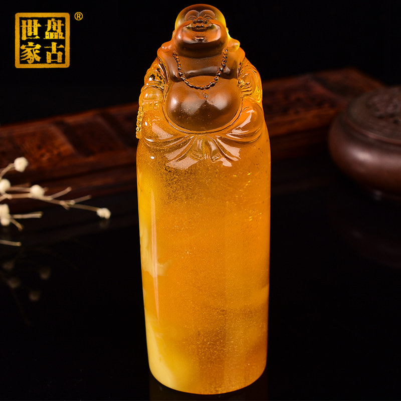 盘古世家天然琥珀蜜蜡无烤无优化蜜蜡蜜糖红弥勒佛印章摆件雕刻件