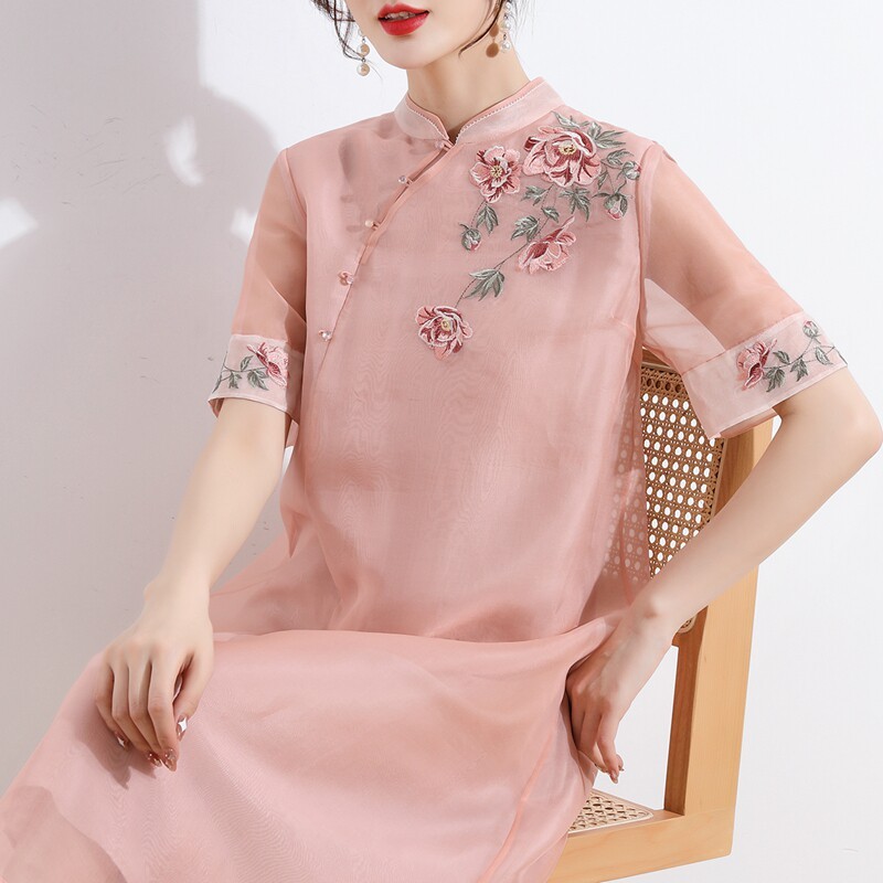 【李夫人粉丝专享】 改良旗袍真丝立领绣花桑蚕丝女式短袖连衣裙