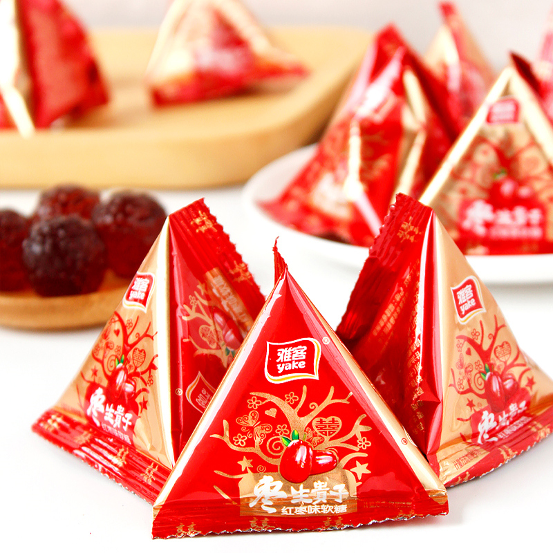 雅客喜庆三角包软糖500gQ休闲零食散装早生贵子糖果结婚喜糖年货
