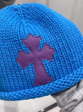 秋冬新款十字架拼皮冷帽男女美式复古ins弹力针织帽百搭毛线帽潮