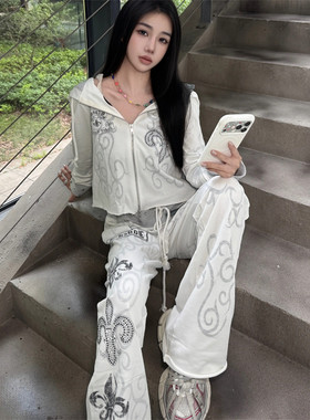 春夏美式复古鸢尾花钉珠印花短款连帽开衫卫衣薄款微喇长裤套装女