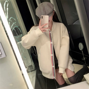 TB学院风夹棉棒球服女春秋潮牌小众设计感宽松中长款减龄织带外套