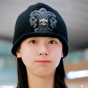 马蹄梵文金属拼皮手工编织毛线帽女秋冬新款经典圆顶冷帽针织帽潮