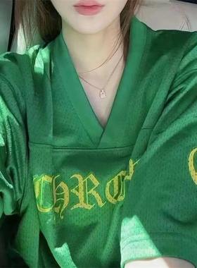 数字梵文网眼绿色短/长袖T恤女夏季韩版宽松慵懒情侣设计感上衣潮