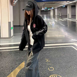 宝剑梵文辣妹漫画印花连帽卫衣女秋冬加绒设计感复古慵懒开衫上衣
