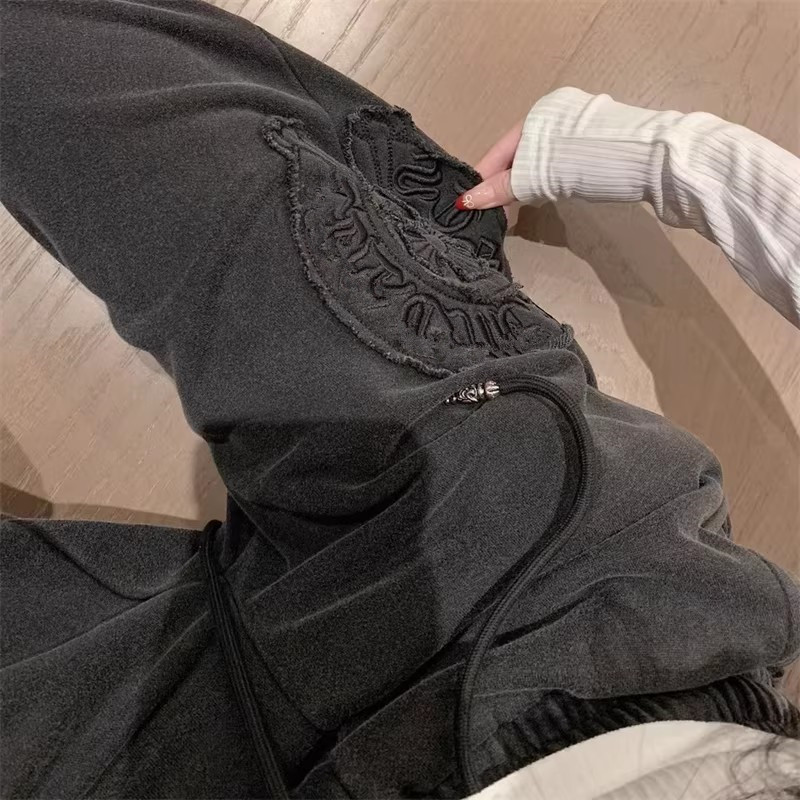 洗水十字架圆盘休闲裤女春季新款复古时髦百搭显瘦抽绳长裤卫裤