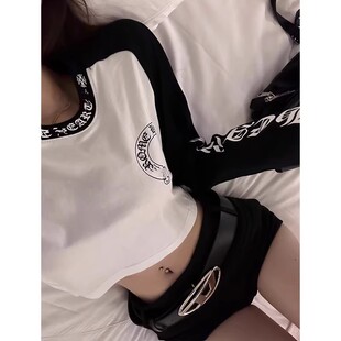 夏季新款韩版纯欲辣妹露脐长袖T恤女ins超火马蹄梵文印花小众上衣