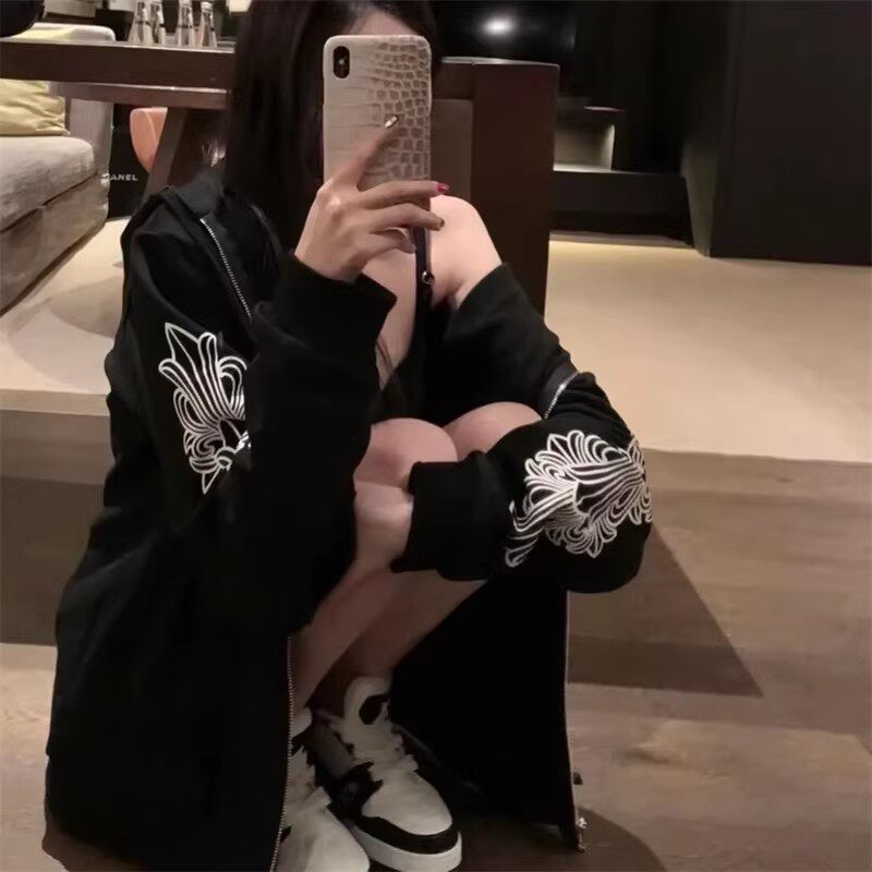 春秋新款梵文十字架连帽卫衣外套女宽松中长款情侣拉链帽衫上衣潮