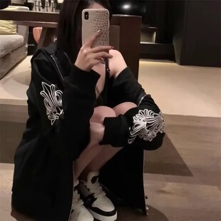 春秋新款梵文十字架连帽卫衣外套女宽松中长款情侣拉链帽衫上衣潮