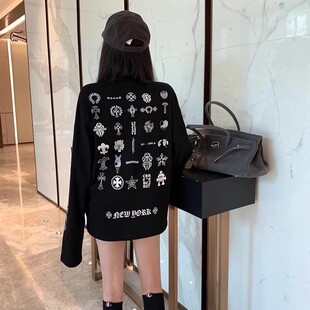 十字架梵文印花烫钻韩版长袖T恤女秋季新款圆领马蹄宽松ins上衣潮